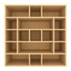 Shelving composed of multisized cubes and rectangles.