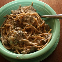 A bowl of beef mushroom stroganoff