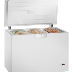 A chest freezer full of frozen food.