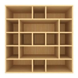 Shelving composed of multisized cubes and rectangles.