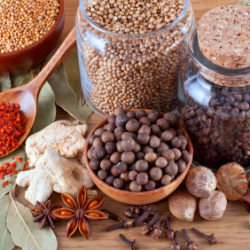 Various Spices in Containers on Wooden Background