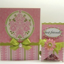 A pink and green handmade card and tag that says 