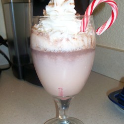 A cup of hot cocoa with whipped cream and a candy cane.