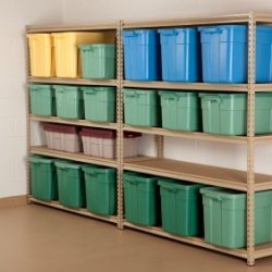 Totes on shelves.