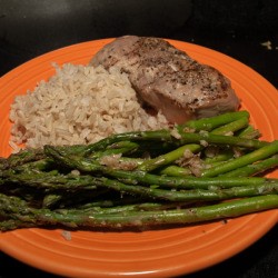 Ginger Lemon Asparagus served with pork and rice.