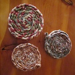 Braided and coiled fabric coasters.