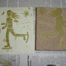 Print and block of an iceskater.