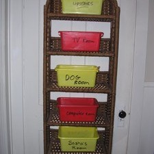 A clutter organizer hanging on a door.