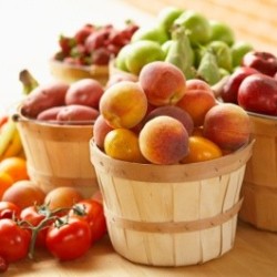 Baskets of fruit and vegetables.