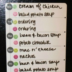 A chart of options to take to school for lunch, on a refrigerator.