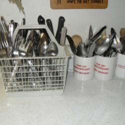 Basket to store silveware on counter.