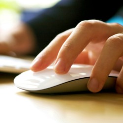 A person using a keyboard and a mouse on a computer.