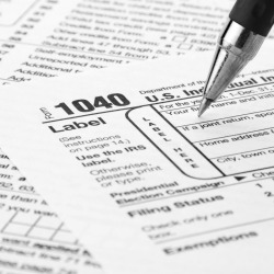 Filling out a tax form.