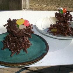 Homemade candy trees with nests and jelly bean eggs.