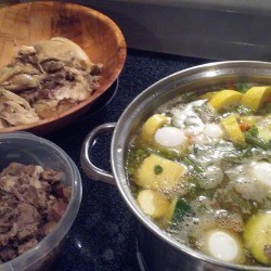 Pots and bowls with ingredients.