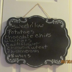 A shopping list written on a chalkboard.