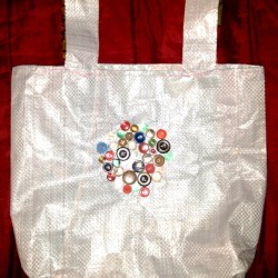 finished tote made from a dog food bag