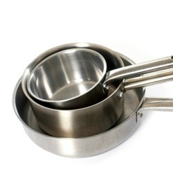 A stack of metal pots and pans