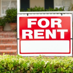 For Rent Sign hanging over a hedge with a home in the background