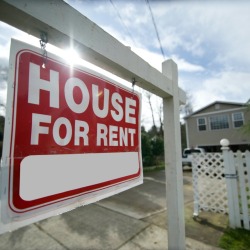 Close up of a House For Rent sign with home in the background