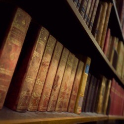 Old books lined up on a bookshelf.