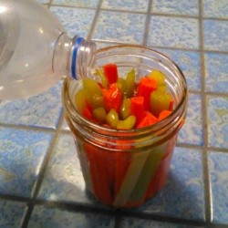 A canning jar with cut up carrots and celery.