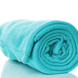 A green-blue fleece blanket.