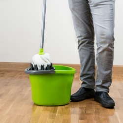 A mop and bucket on a hardwood floor.