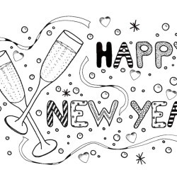 New Year Celebration Adult Coloring Page - design is two flute glasses, streamers, confetti and the words Happy New Year