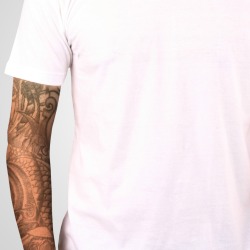 A man wearing a white t-shirt.