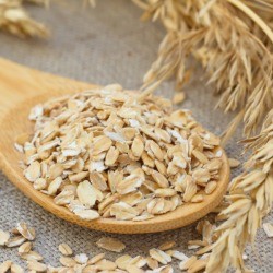 A spoon full of rolled oats or oatmeal.