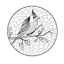 A coloring page showing a cardinal on a tree branch.