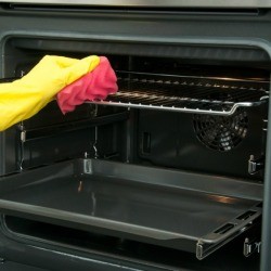 A rubber gloved hand cleaning oven racks with a pink sponge.