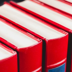 A line of red encyclopedias.