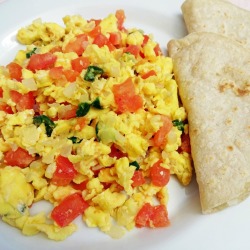 An omelette with tomatoes and herbs.