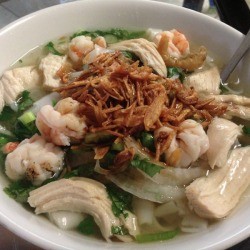Bowl of Chicken and Shrimp Noodle Soup 