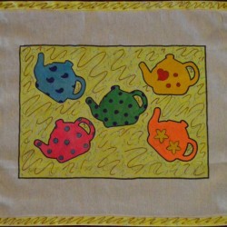 Tea is Served! - Tea Tray Cloth - colorful finished cloth with 5 teapots 