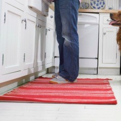 Throw rug on a kitchen floor.