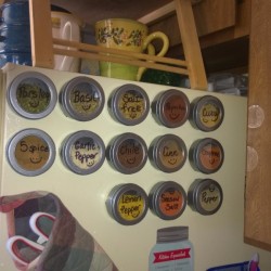 A collection of magnetic spice containers on the side of the fridge.