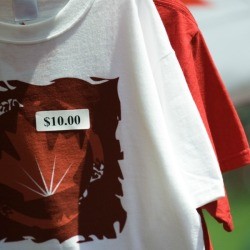 A price tag sticker on a shirt.