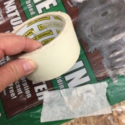 A hole in a bag of pine bedding, after being fixed with masking tape.