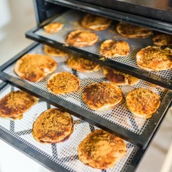 A food dehydrator with apple slices on it.