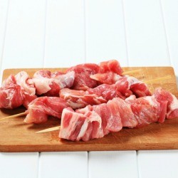 Raw pork on skewers.