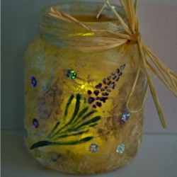 Sweet Lavender Jar Party Light - finished jar with light inside and raffia tied around the neck