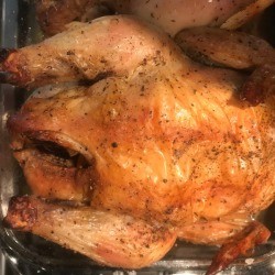 Lemon & Thyme Roasted Chicken in baking dish 
