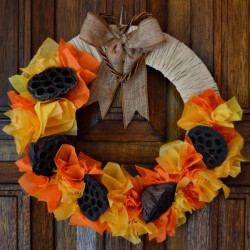 Lotus Pod and Crepe Paper Fall Wreath - fall wreath on door