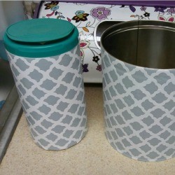 Upscale Recycled Containers with Con-Tact Paper - can and container covered in blue patterned paper