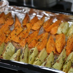 Roasted Sweet Potatoes on baking sheet