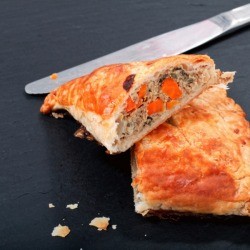 Chicken hot pocking cut in half.