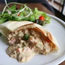 Pita bread stuffed with tuna salad.